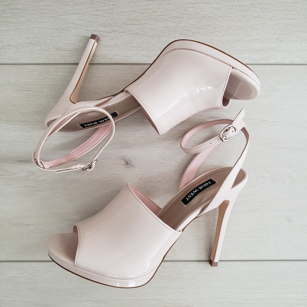 NINE WEST Limbery Peep Toe Ankle Strap Sandals High Heels Light Natural Sz 6.5